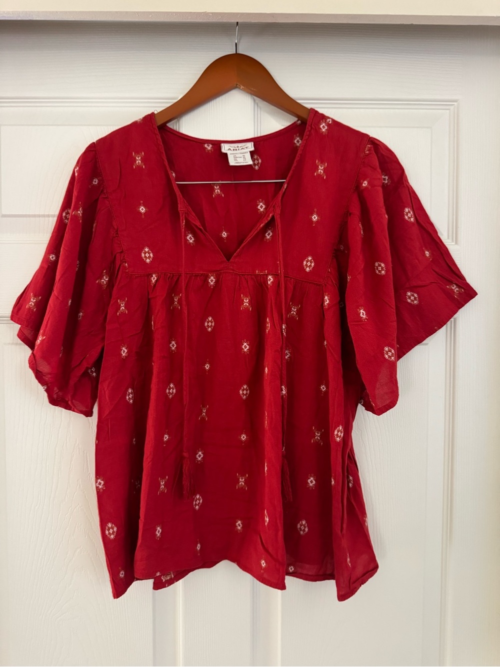 Ariat Red Embroidered Boho Peasant Blouse Tassel Tie V-Neck XL